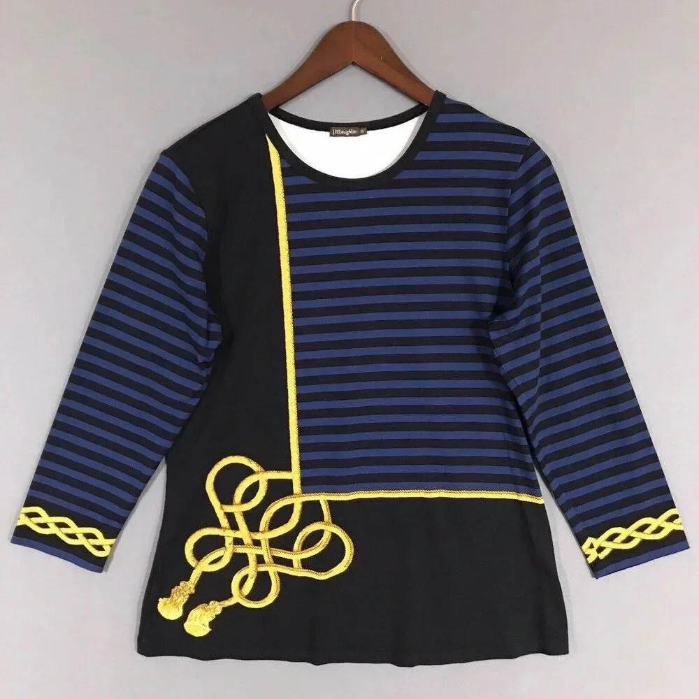 J McLaughlin Signature Tee Catalina Cloth Top Size Medium 3/4 Sleeve Nautical